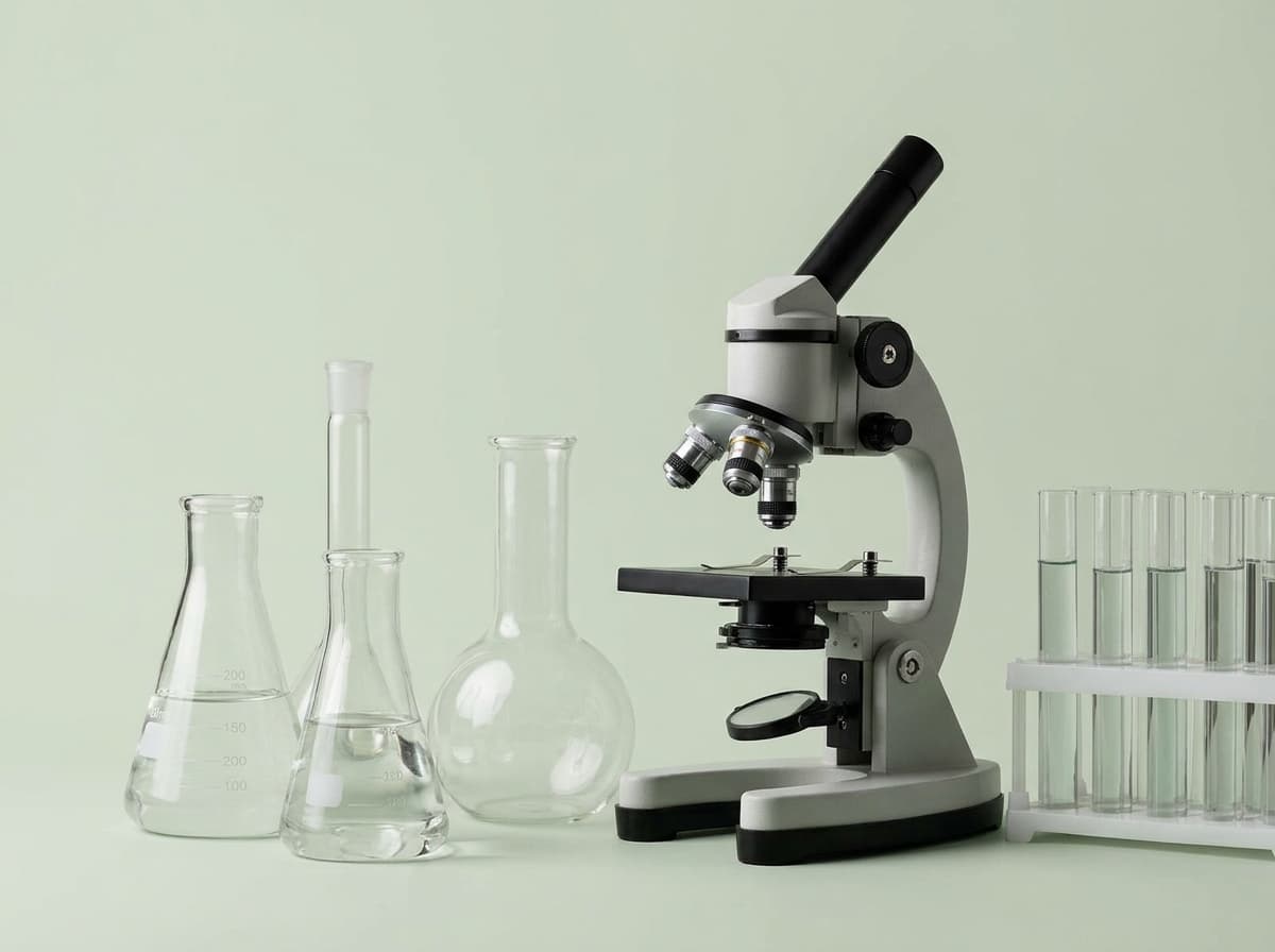 Microscope and laboratory glassware on a lab bench